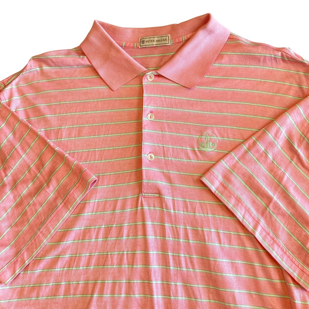 Vintage Peter Millar Polo Mens Large Pink Green Striped Cotton Lighthouse Crest